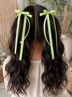 Lime Green Polka Dot Pigtail Hair Bows